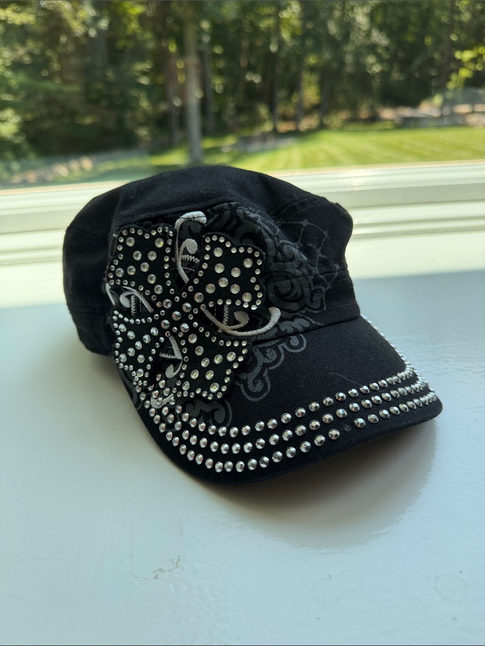 Crown Black Rhinestone Floral Military-Style Cap